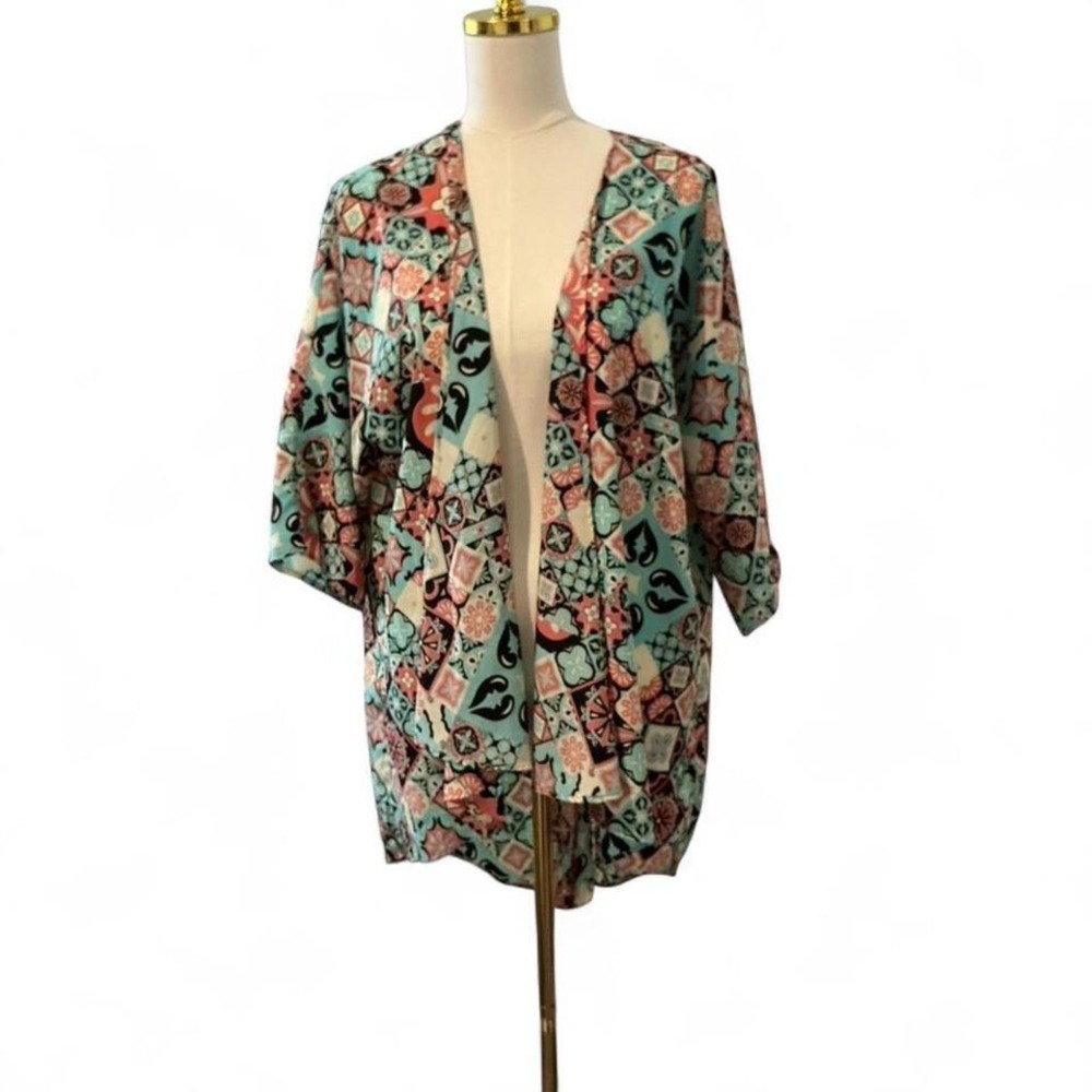 LuLaRoe Kimono Cardigan Women Medium Teal Coral Excellent Geometric Mosaic Print